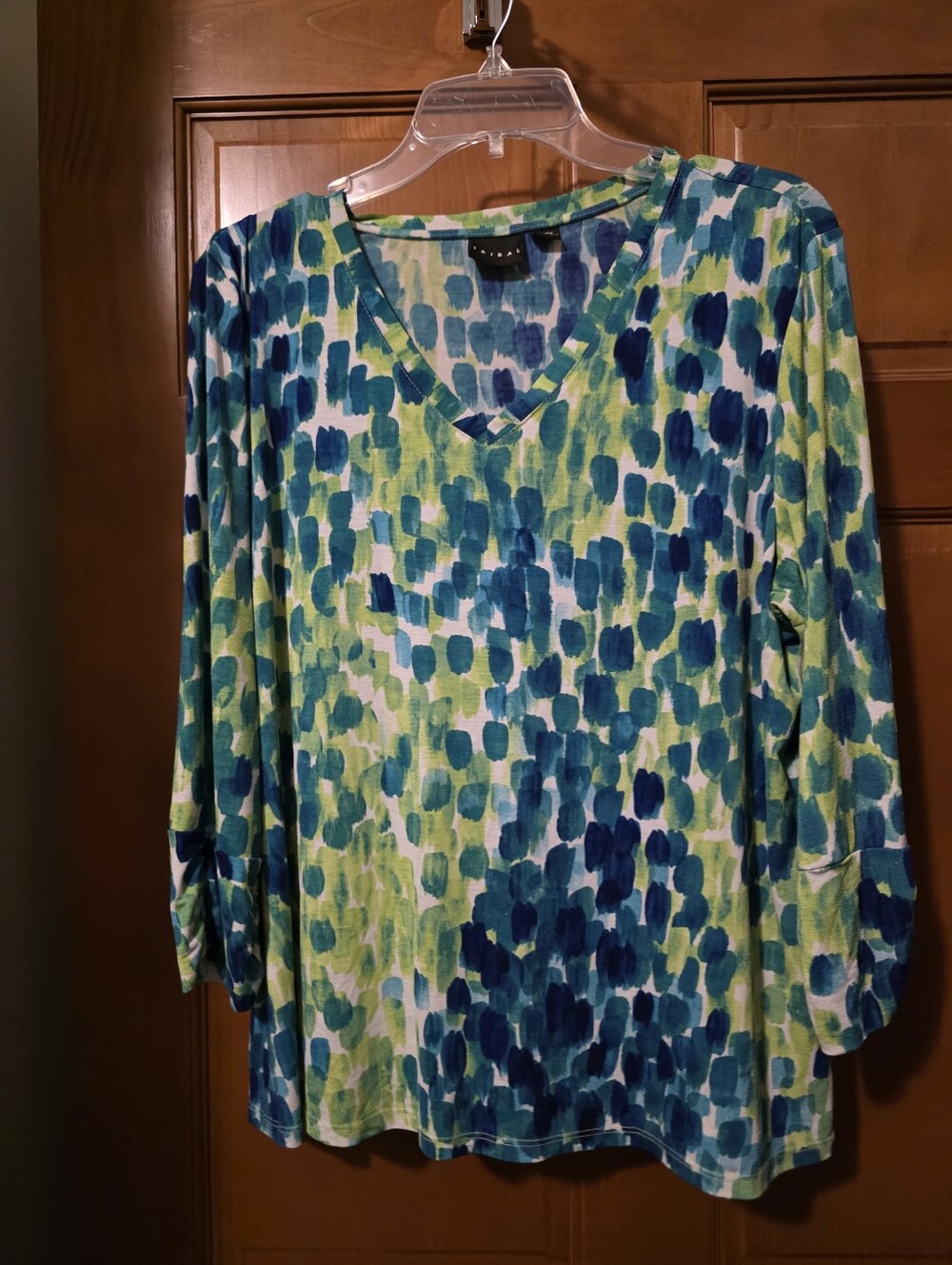 Tribal V-Neck Long Sleeve Top in Blue and Green Brushstroke Print